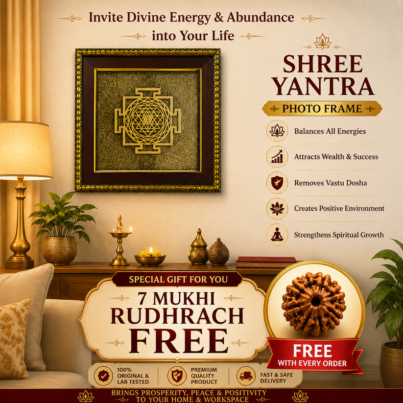 Shree Yantra with Raw Pyrite Frame + FREE 7 Mukhi Rudraksha