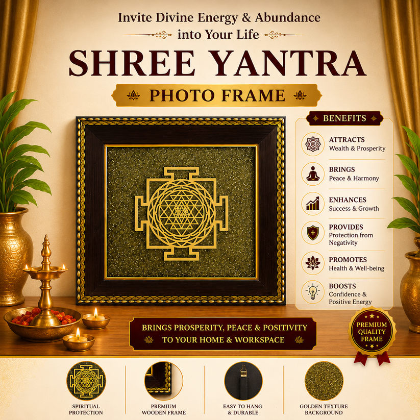 Shree Yantra with Raw Pyrite Frame + FREE 7 Mukhi Rudraksha